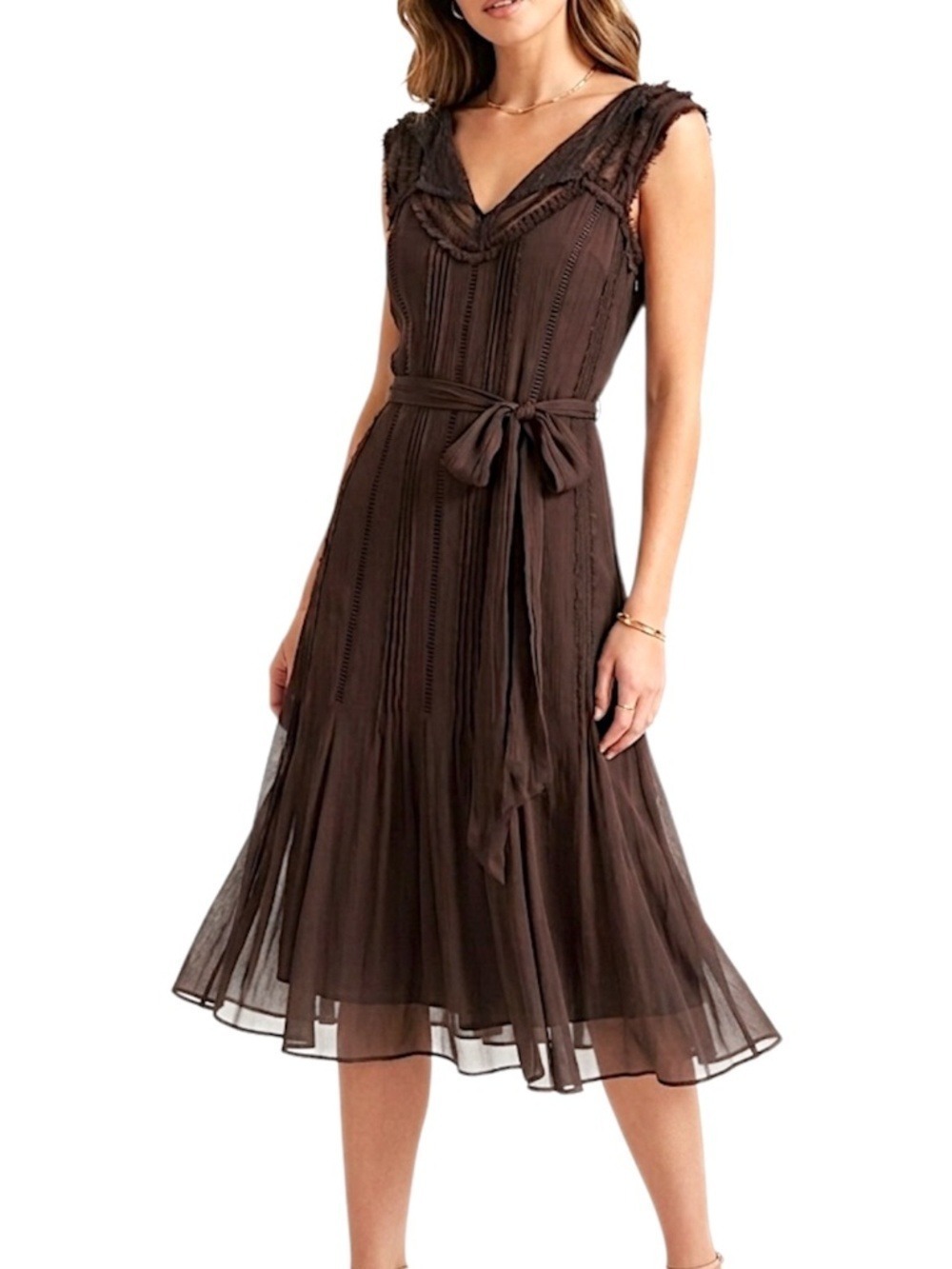 NWT BCBGMaxAzria pure silk chiffon lace neckline brown romantic midi dress 2